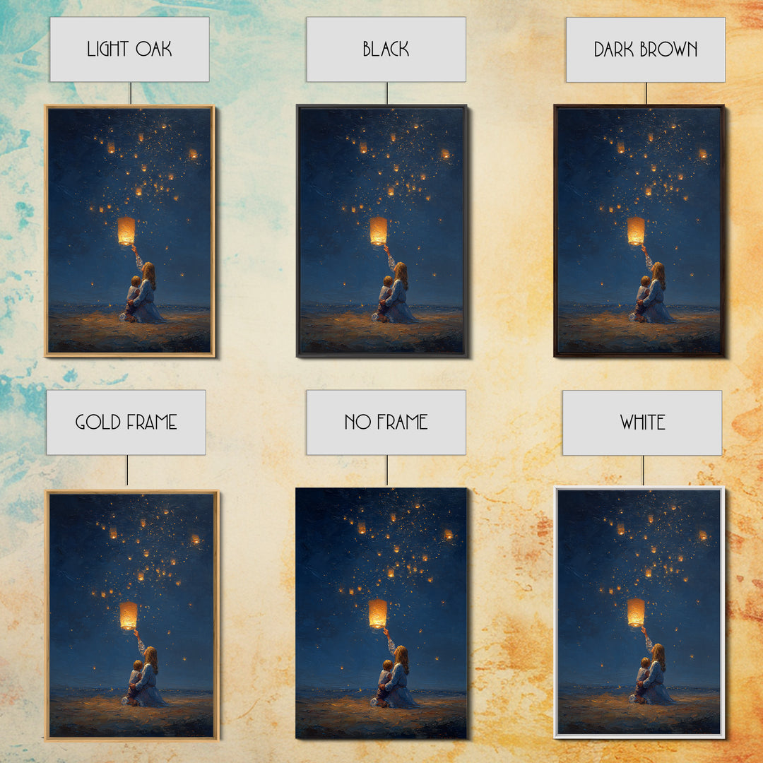 Mother And Child Releasing Sky Lantern Canvas Print, Starry Night Beach Wall Art, Celestial Nursery And Bedroom Decor Gift