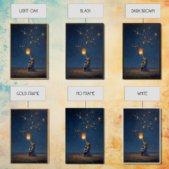 Mother And Child Releasing Sky Lantern Canvas Print, Starry Night Beach Wall Art, Celestial Nursery And Bedroom Decor Gift