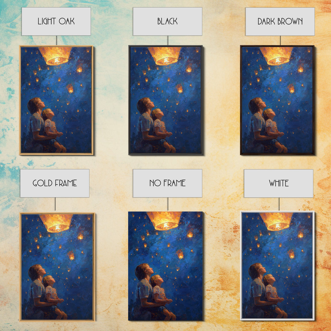 Mother And Child Under Glowing Lantern Framed Canvas Print, Blue Night Sky Wall Art, Celestial Family Bedroom Decor Gift