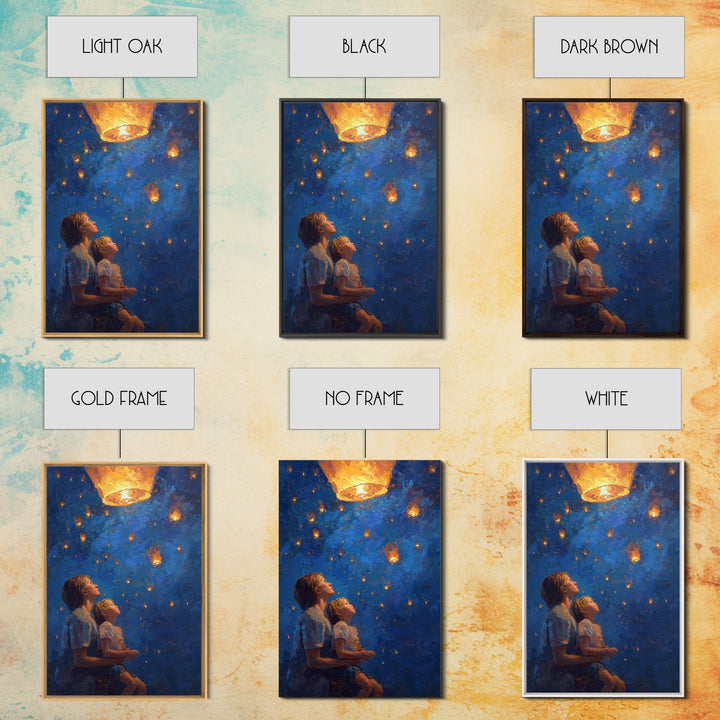Mother And Child Under Glowing Lantern Framed Canvas Print, Blue Night Sky Wall Art, Celestial Family Bedroom Decor Gift