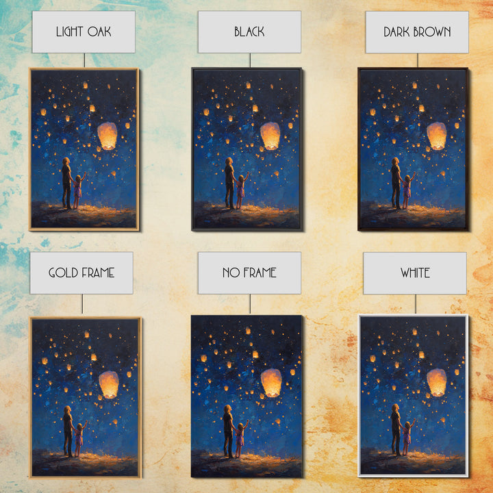 Mother And Daughter Lantern Festival Wall Art, Blue Night Celestial Canvas Print, Family Nursery Home Decor And Gift For Her
