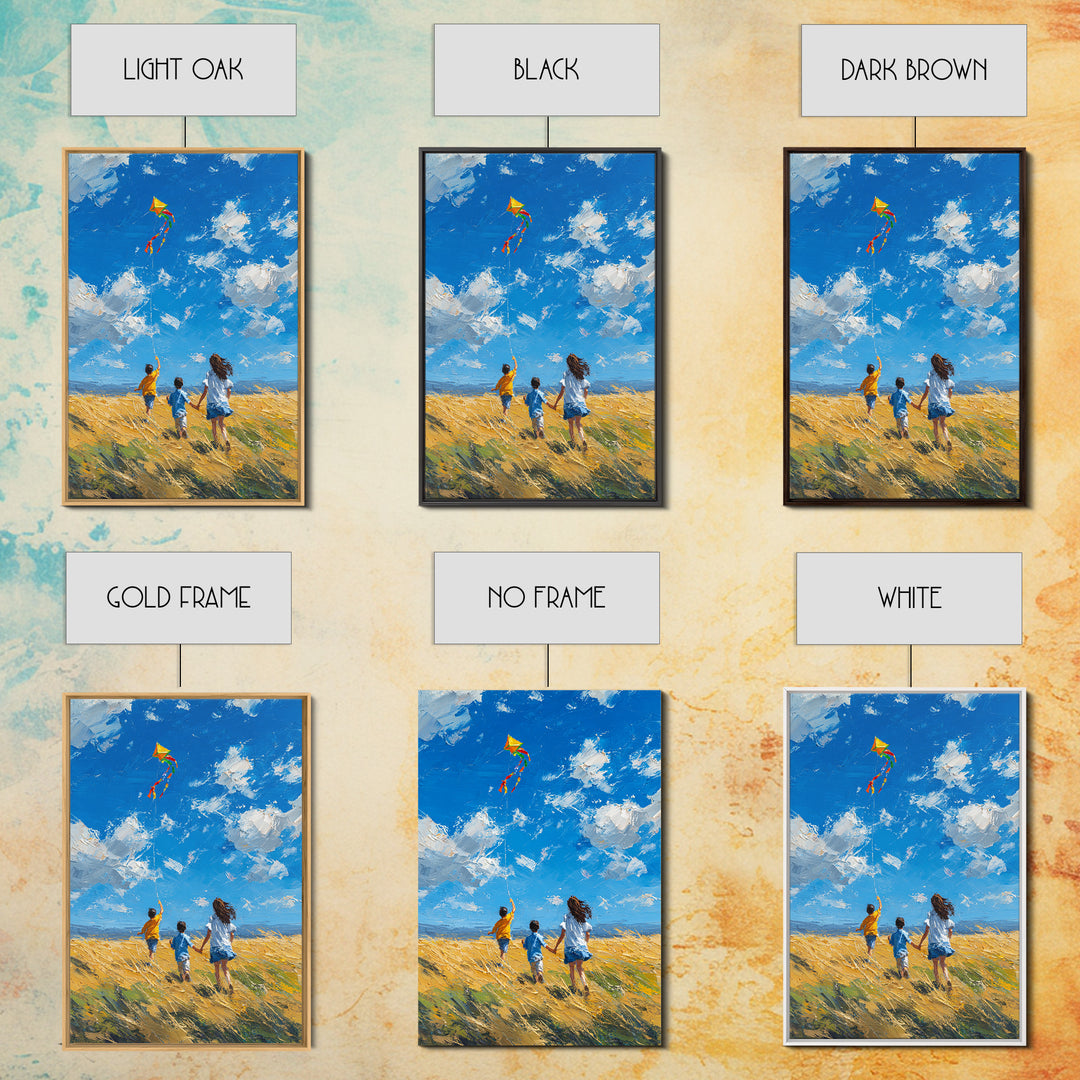 Children Chasing Bright Kite In Golden Field Framed Canvas Print, Colorful Wall Art, Summer Landscape, Kids Room Decor Gift