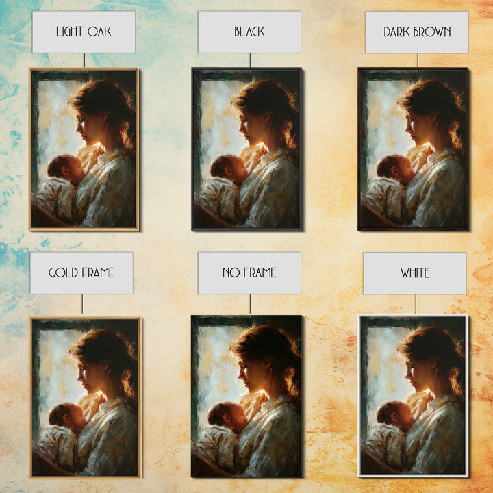 Backlit Mother Cradling Newborn By Window Framed Canvas Print, Romantic Wall Art, New Mom Gift, Moody Bedroom Decor Print