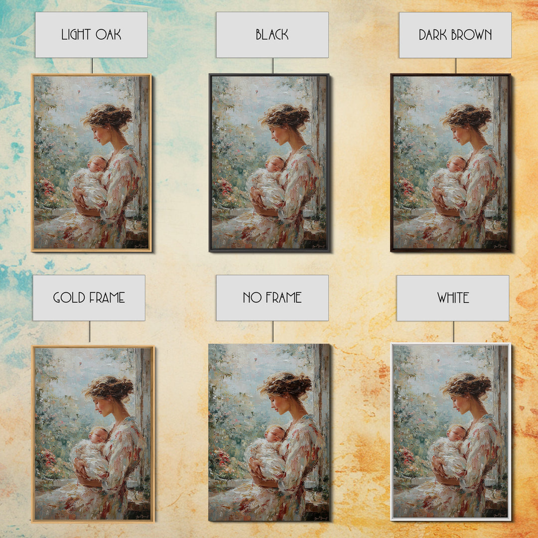 Mother Cradling Newborn Beside Blooming Window Framed Canvas Print, Feminine Wall Art, Nursery Decor, New Mom Gift, Bedroom Decor