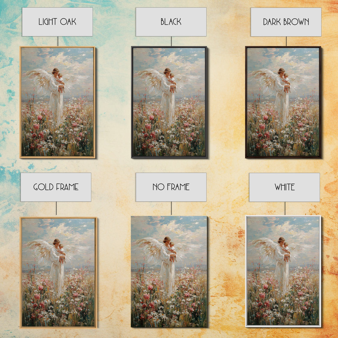 Guardian Angel Holding Baby In Wildflower Meadow Wall Art, Christian Nursery Decor, Motherhood Gift, Framed Fine Art Print