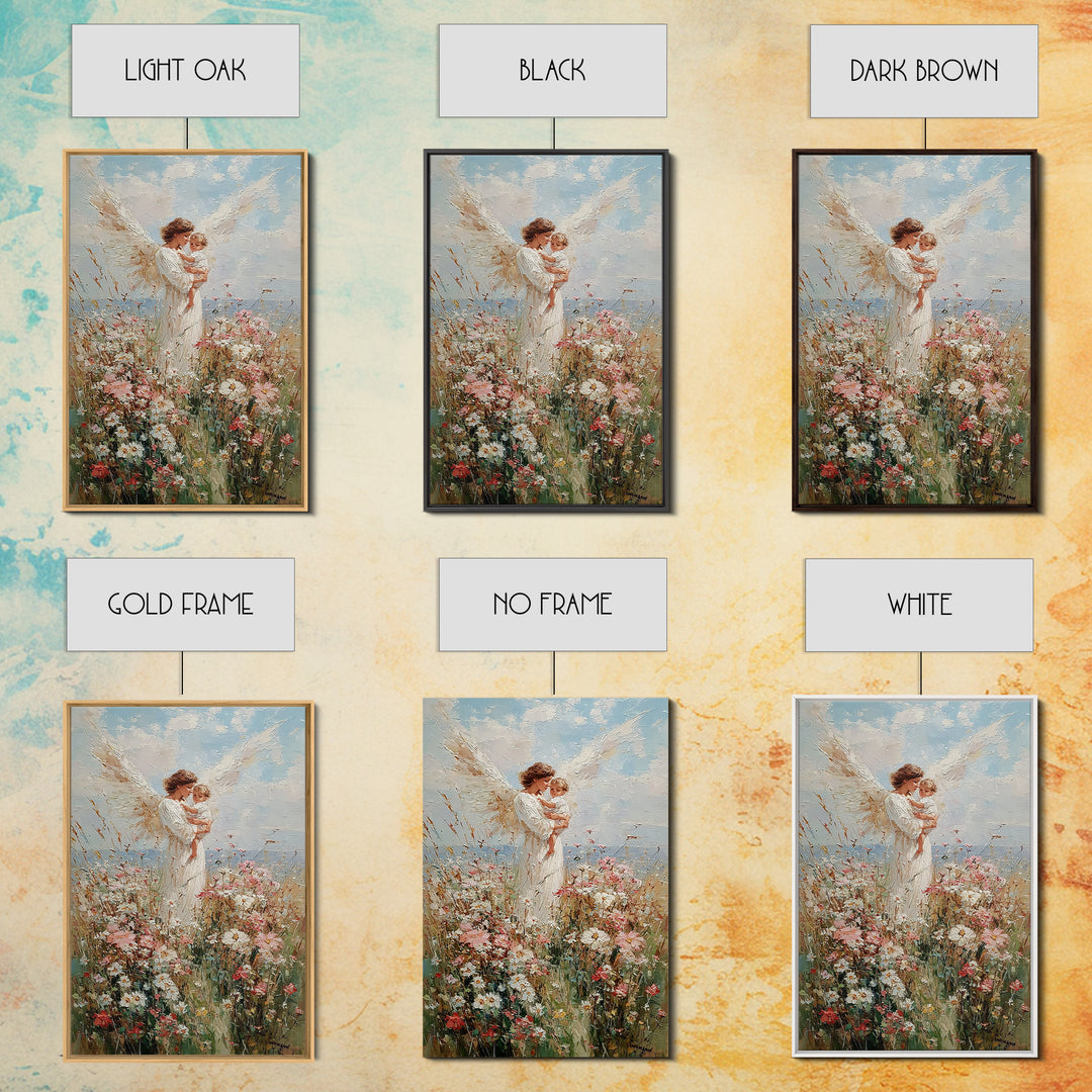 Angel Mother Holding Toddler Among Daisies Canvas Print, Christian Wall Art, Floral Nursery Decor, Gift For Mom, Home Decor