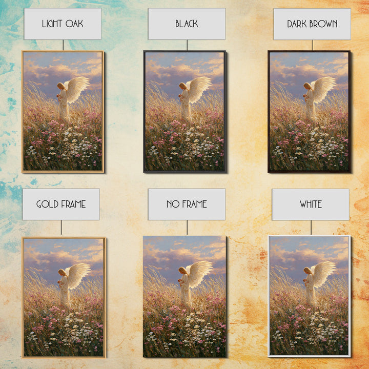 Golden Winged Angel With Infant At Sunset Wall Art, Christian Bedroom Decor, Floral Canvas Print, Spiritual Gift For Her
