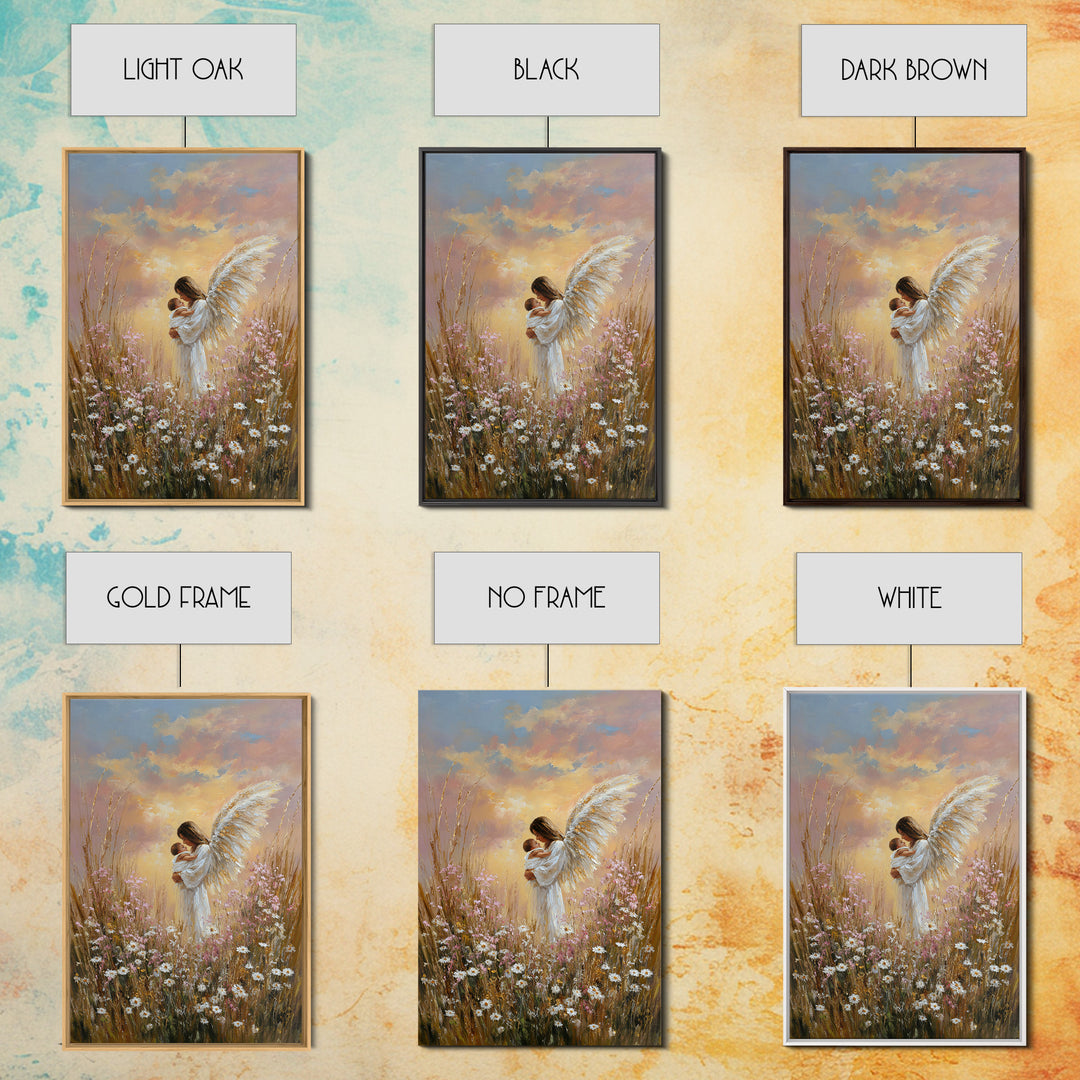 Angel Mother And Baby In Sunset Wildflowers Framed Canvas Print, Christian Wall Art, Nursery Decor, Motherhood Gift, Home Decor