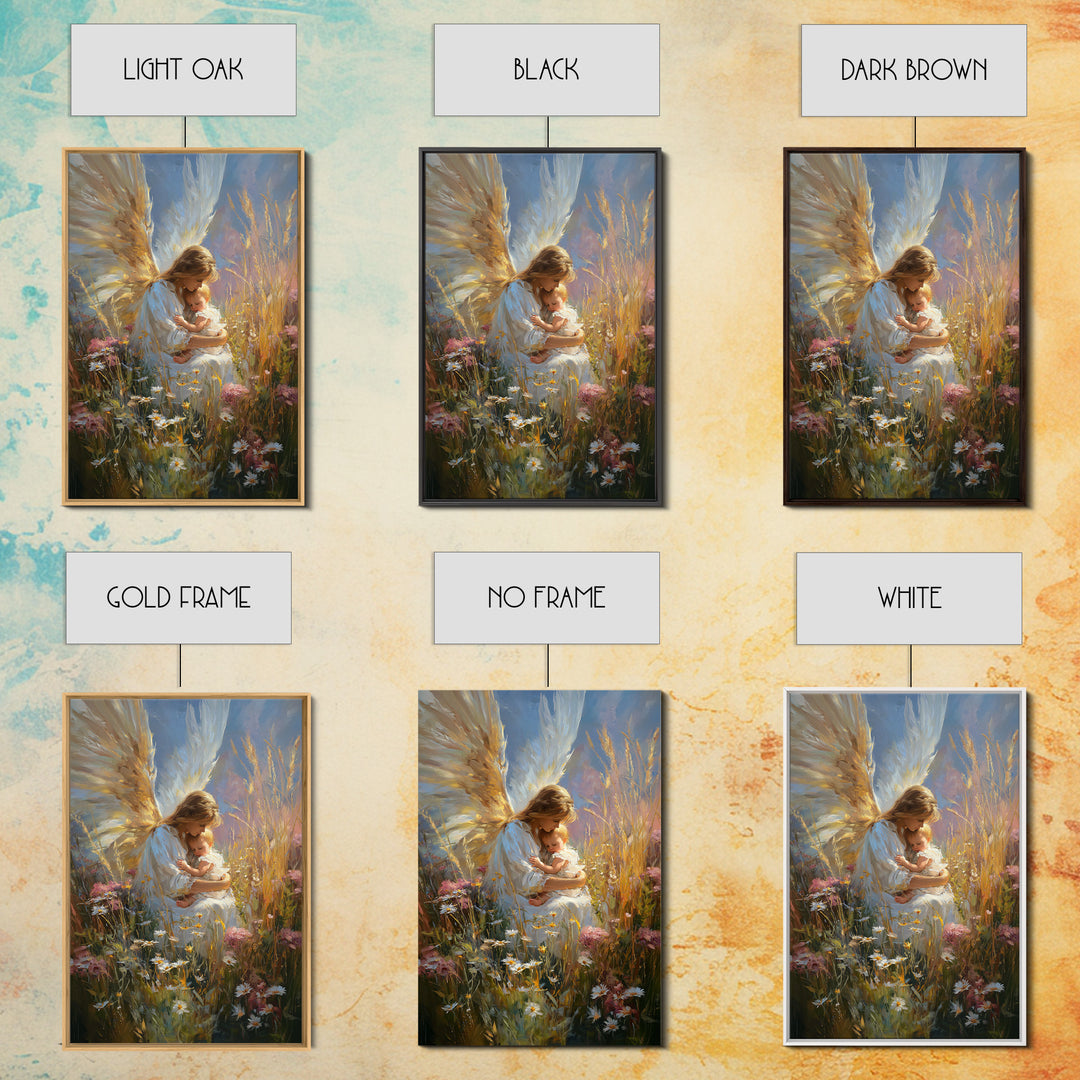 Glowing Angel Mother Nursing Baby In Wild Meadow Wall Art, Christian Canvas Print, Spiritual Nursery Decor, Gift For Her