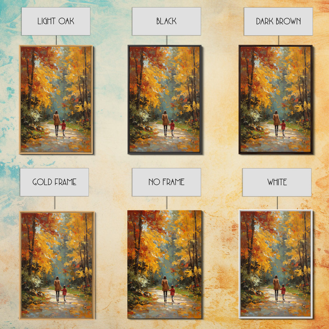 Golden Autumn Forest Walk Canvas Print, Mother Child Path Painting, Vibrant Landscape Wall Decor, Cozy Home Decor, Gift For Her