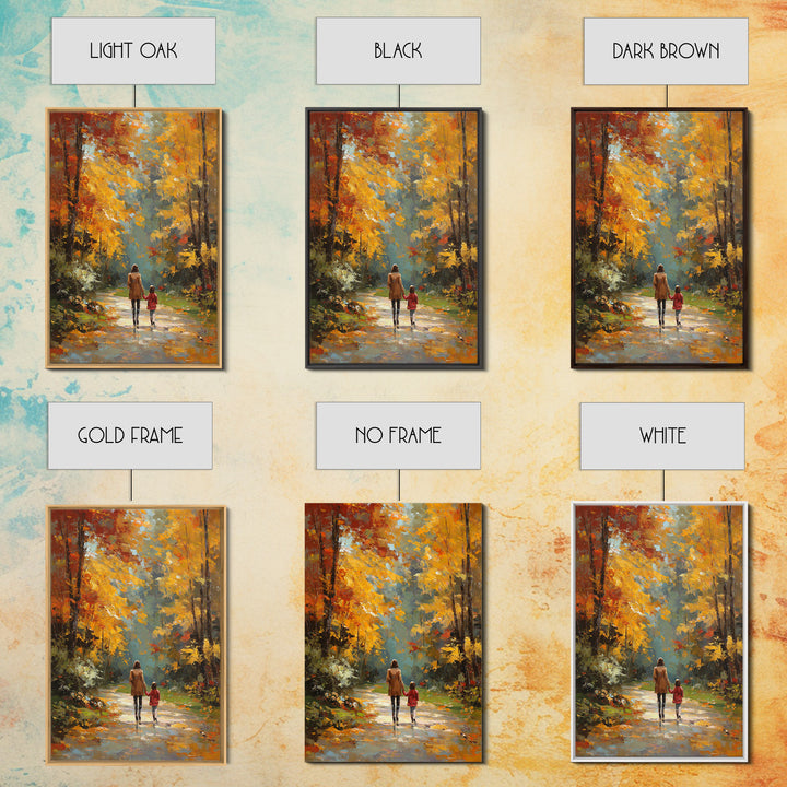 Golden Autumn Forest Walk Canvas Print, Mother Child Path Painting, Vibrant Landscape Wall Decor, Cozy Home Decor, Gift For Her