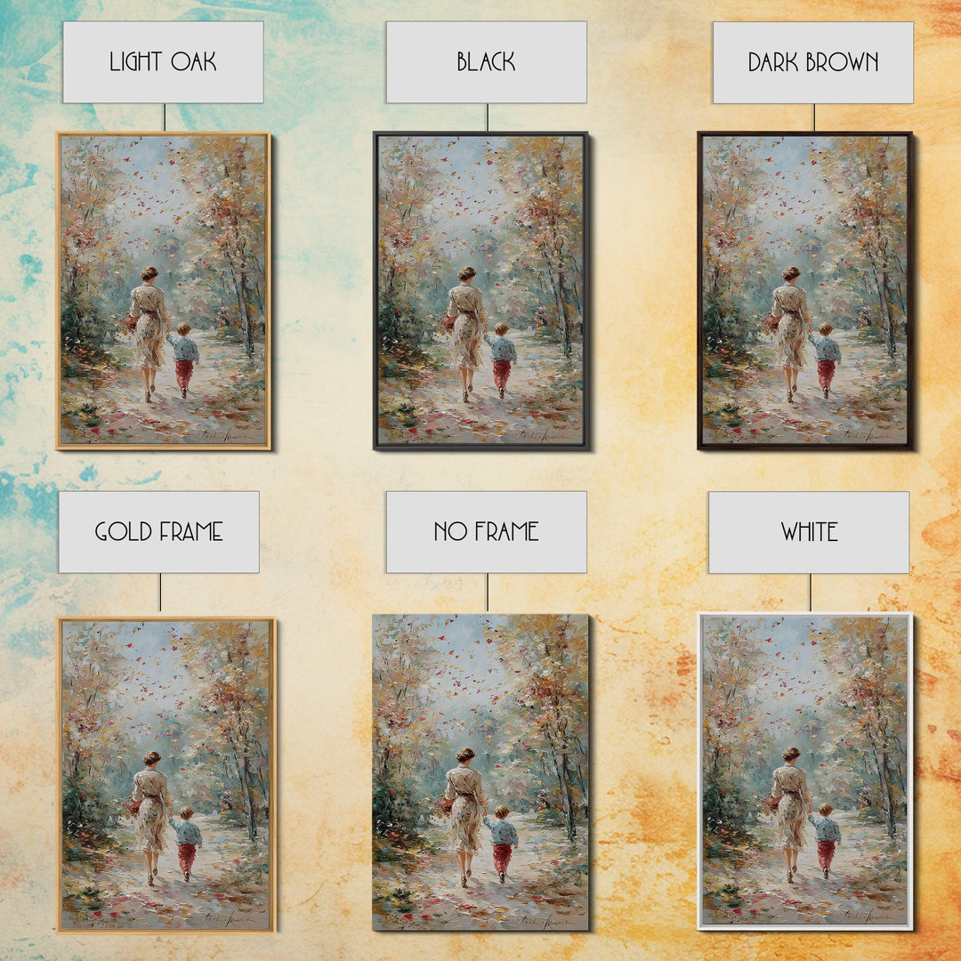 Mother And Son Fall Forest Walk Wall Art, Soft Impressionist Path Painting, Family Home Decor, Living Room Art, Mothers Day Gift