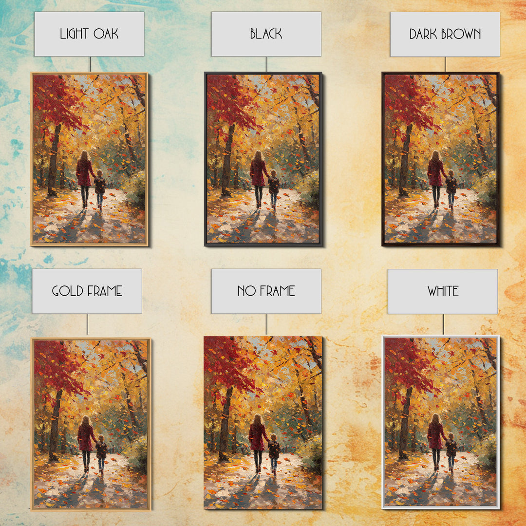 Mother And Child Golden Fall Walk Canvas Print, Red Coat Autumn Trees Painting, Warm Family Decor, Rustic Wall Art, Gift For Mom
