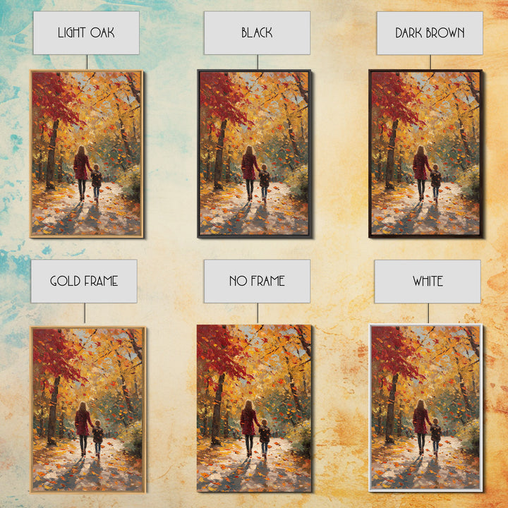 Mother And Child Golden Fall Walk Canvas Print, Red Coat Autumn Trees Painting, Warm Family Decor, Rustic Wall Art, Gift For Mom