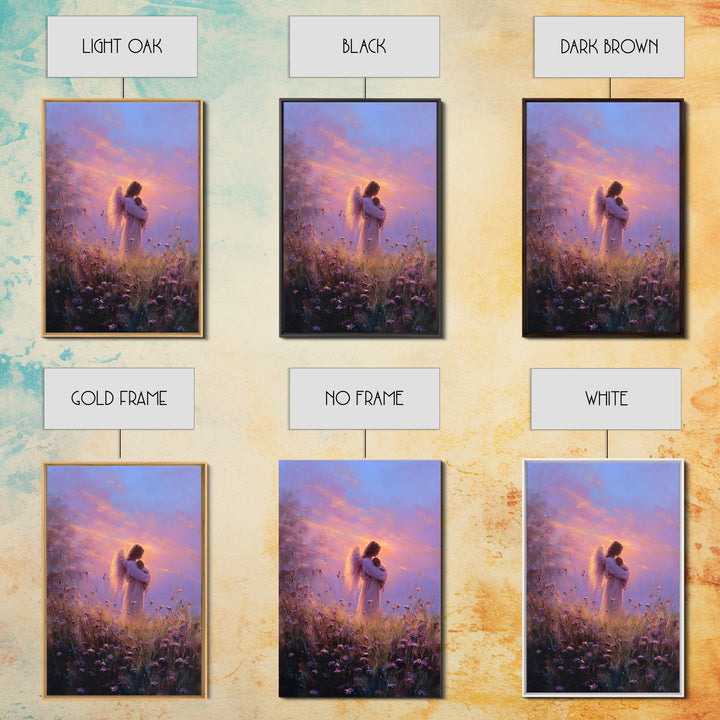 Angel Mother Cradling Baby Framed Canvas Print, Lavender Sunset Meadow Painting, Spiritual Wall Art, Nursery Decor, New Mom Gift