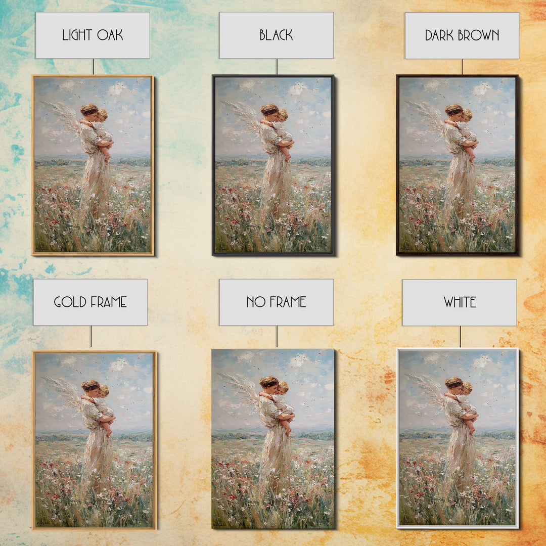 Protective Angel Mother And Child In Windy Meadow Canvas Print, Christian Wall Art, Nursery Art, Motherhood Gift For Her