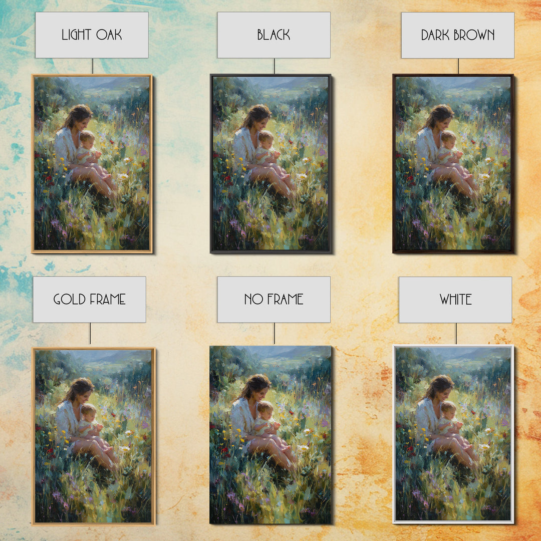 Glowing Mother And Baby In Mountain Wildflower Meadow Wall Art, Impressionist Landscape Decor, Nursery Art, Gift For Mom