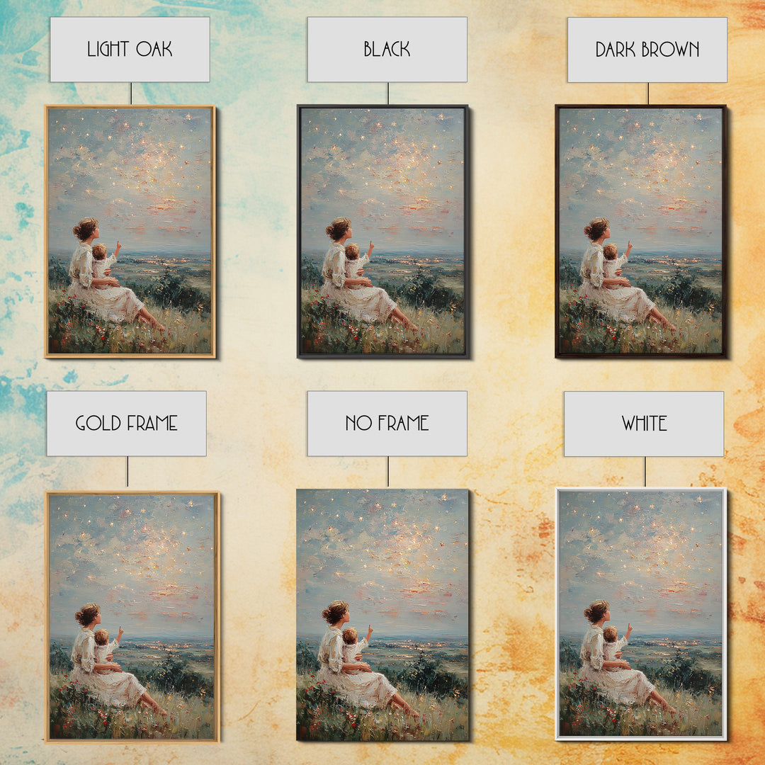 Mother And Child Under Sparkling Sky Wall Art, Impressionist Meadow Landscape Print, Nursery Decor, Gift For Mom, Living Room Decor
