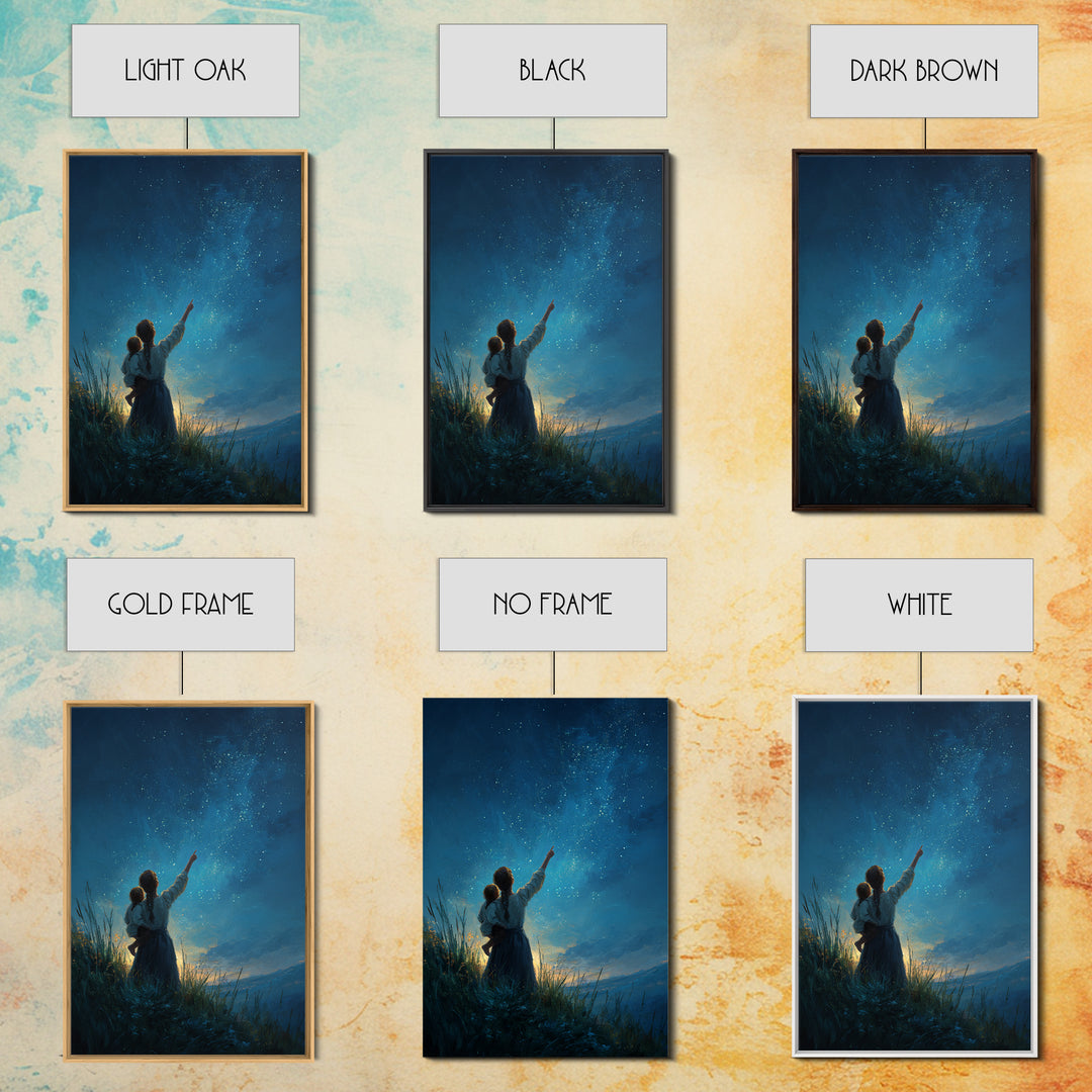 Mother And Child Stargazing At Milky Way Framed Canvas Print, Celestial Wall Art, Night Sky Decor, Nursery Gift, Mystical Home Decor