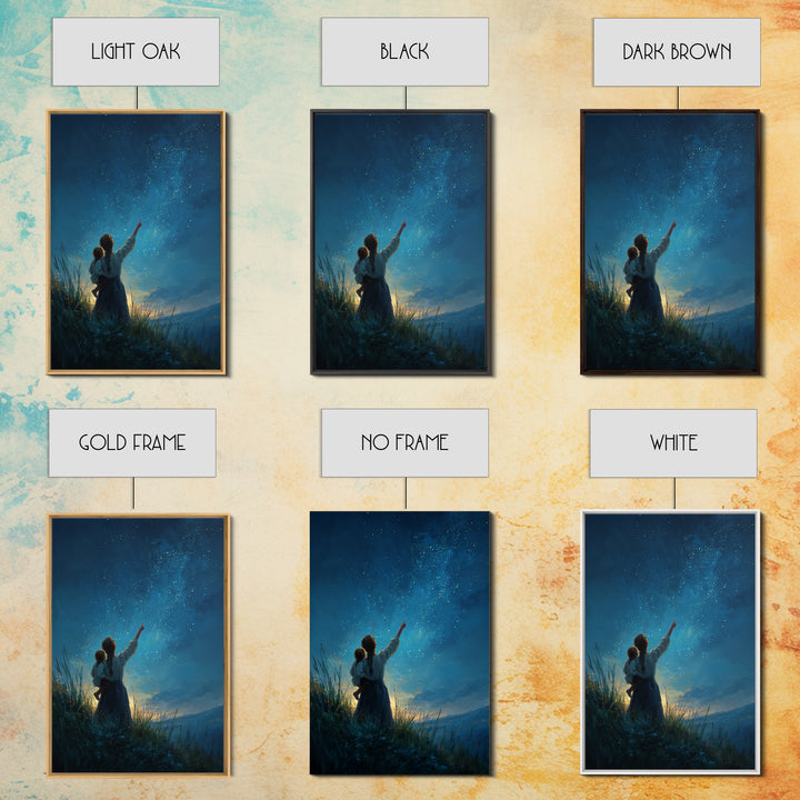 Mother And Child Stargazing At Milky Way Framed Canvas Print, Celestial Wall Art, Night Sky Decor, Nursery Gift, Mystical Home Decor