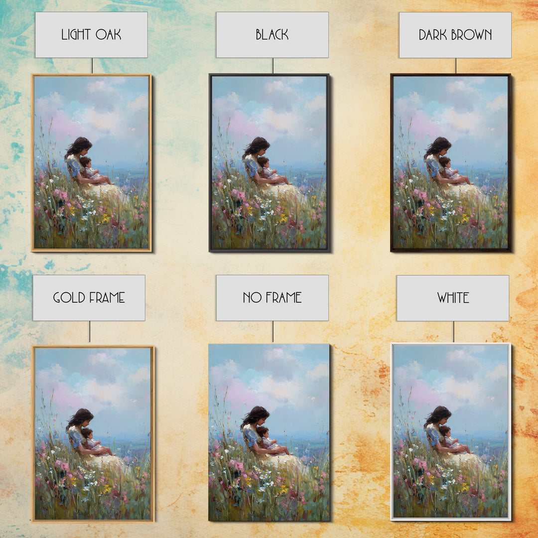 Mother Holding Baby In Wildflower Meadow Canvas Print, Impressionist Floral Wall Art, Nursery Decor, Gift For Her, Mothers Day Gift