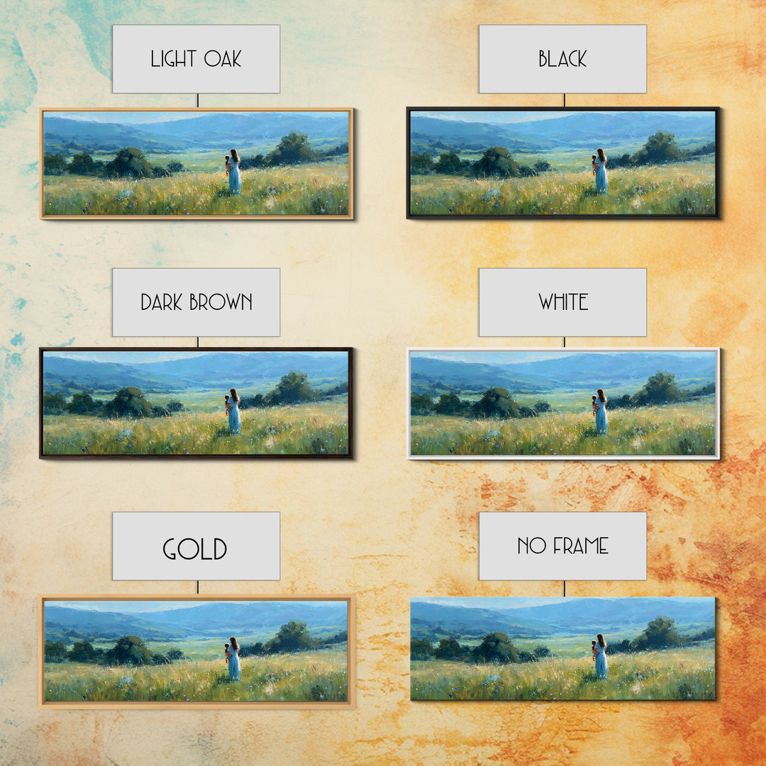 Mother Holding Child In Golden Meadow Wall Art, Panoramic Blue Mountain Canvas Print, Nature Nursery Decor, Housewarming Gift