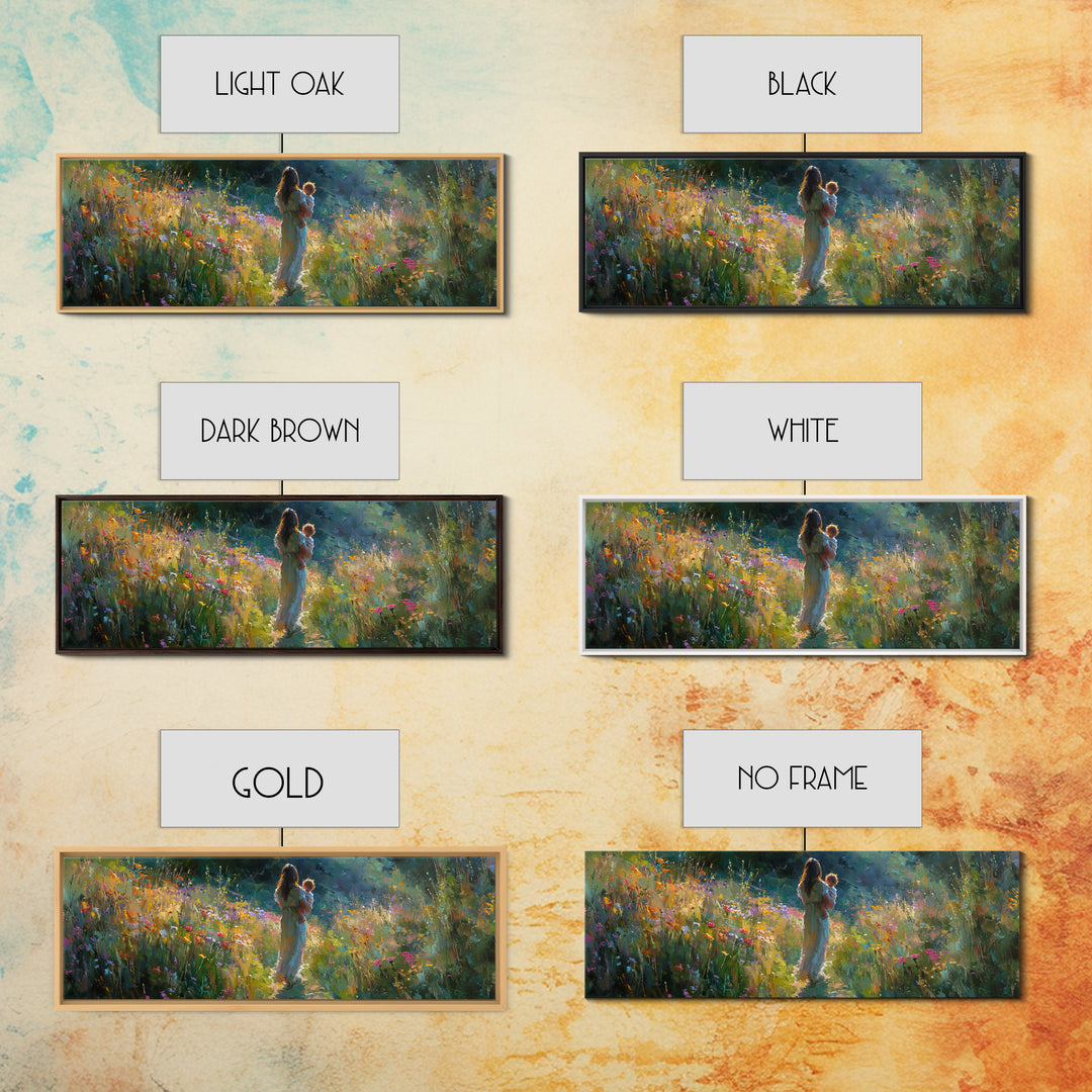 Mother And Baby In Sunlit Wildflower Path Wall Art, Impressionist Landscape Canvas Print, Nursery Decor Gift For Mom And Her