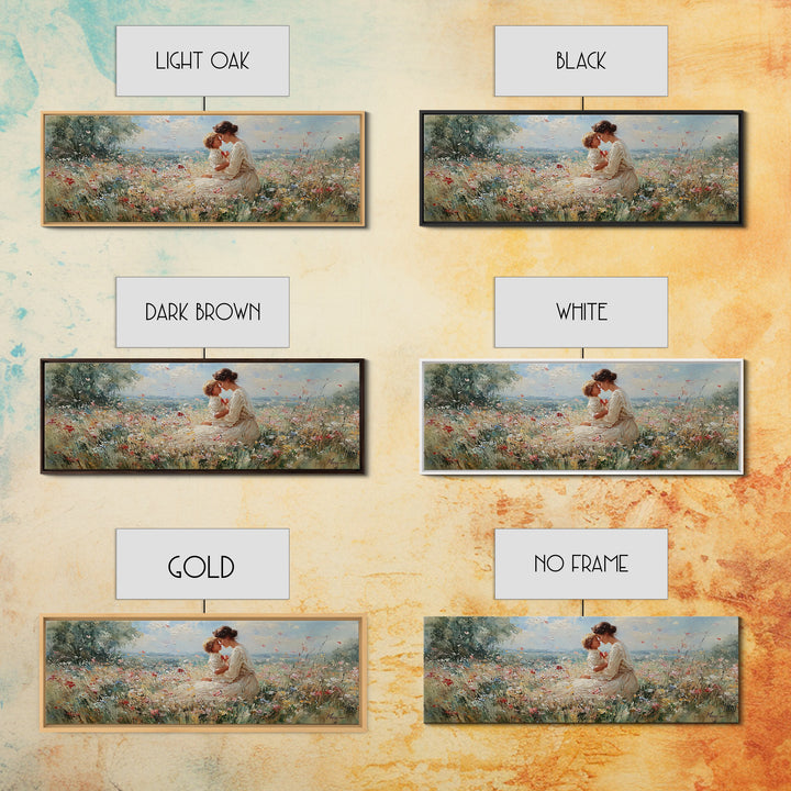 Mother Kissing Child In Butterfly Meadow Wall Art, Panoramic Framed Canvas Print, Floral Nursery Decor, New Mom Gift For Her