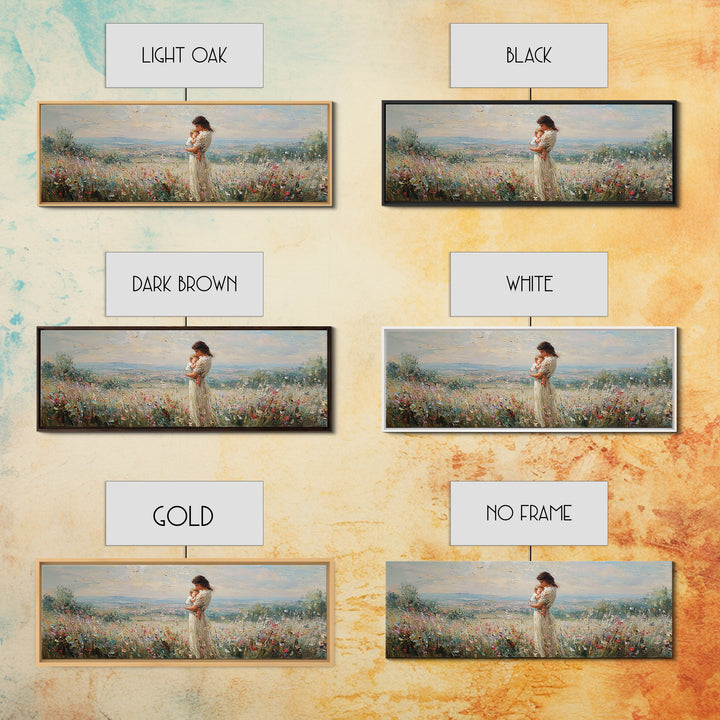 Mother Holding Baby In Hilltop Wildflower Meadow Wall Art, Panoramic Landscape Canvas Print, Nursery Decor, Gift For Mom
