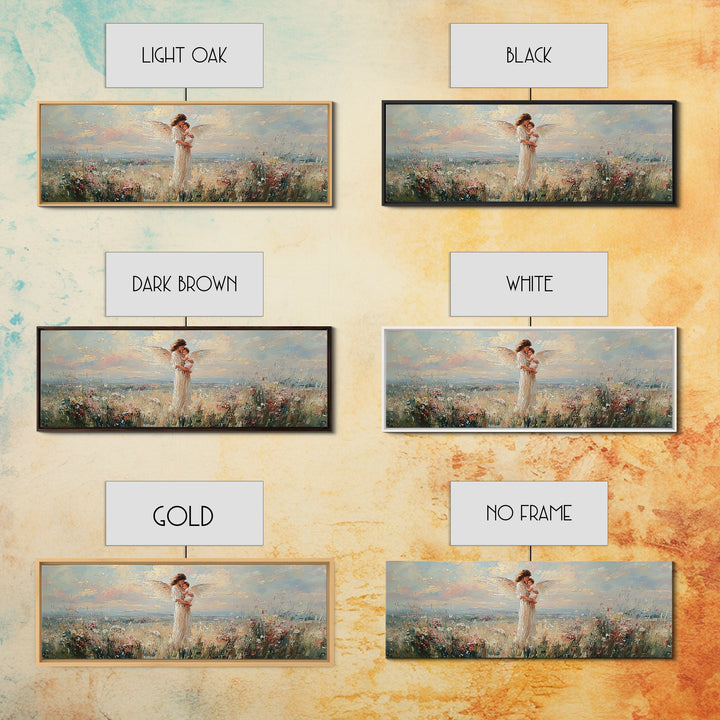 Mother Holding Baby In Blooming Meadow Wall Art, Panoramic Canvas Print, Floral Nursery Decor, Gift For Mom, Above Bed Art