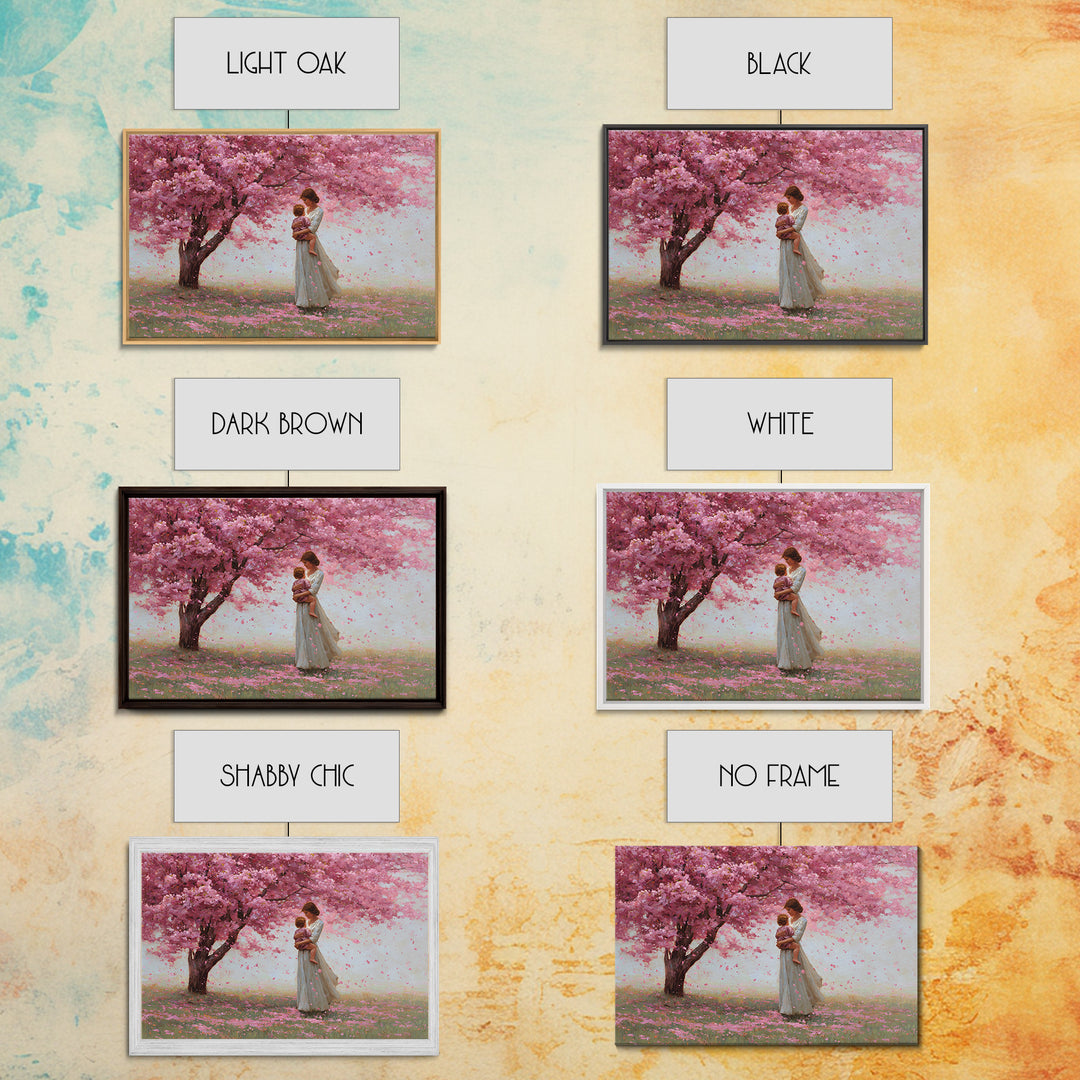 Mother And Child Under Cherry Blossom Tree Framed Canvas Print, Pink Floral Landscape, Romantic Nursery Decor, Gift For Her