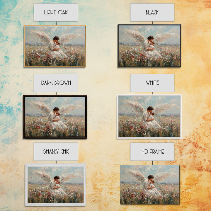 Guardian Angel Holding Baby In Wildflower Field Framed Canvas Print, Christian Wall Art, Nursery Decor, Spiritual Gift Idea