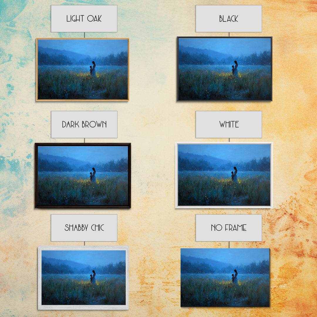Blue Twilight Mother And Child Firefly Meadow Wall Art, Moody Landscape Canvas Print, Nursery Decor, Gift For Mom, Bedroom Wall Decor