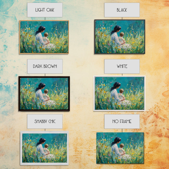 Mother Holding Baby In Teal Wildflower Garden Canvas Print, Impressionist Floral Wall Decor, Nursery Art, Living Room Art, Gift For Mom