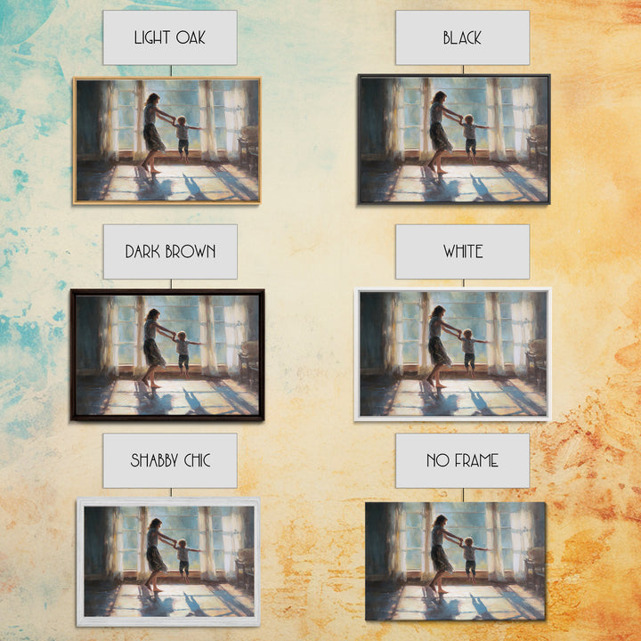 Mother Lifting Toddler In Sunlit Windows Framed Canvas Print, Impressionist Family Wall Decor, Nursery Art, Gift For Her