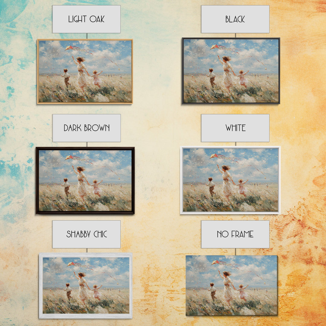 Mother Flying Kite With Children On Beach Wall Art, Impressionist Coastal Landscape, Family Gift, Beach House Decor, Canvas