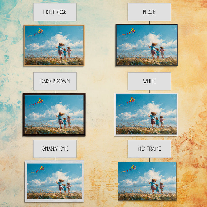 Three Children Running With Rainbow Kite Canvas Print, Breezy Coastal Field Wall Art, Kids Room Decor, Nursery Art, Gift For Her