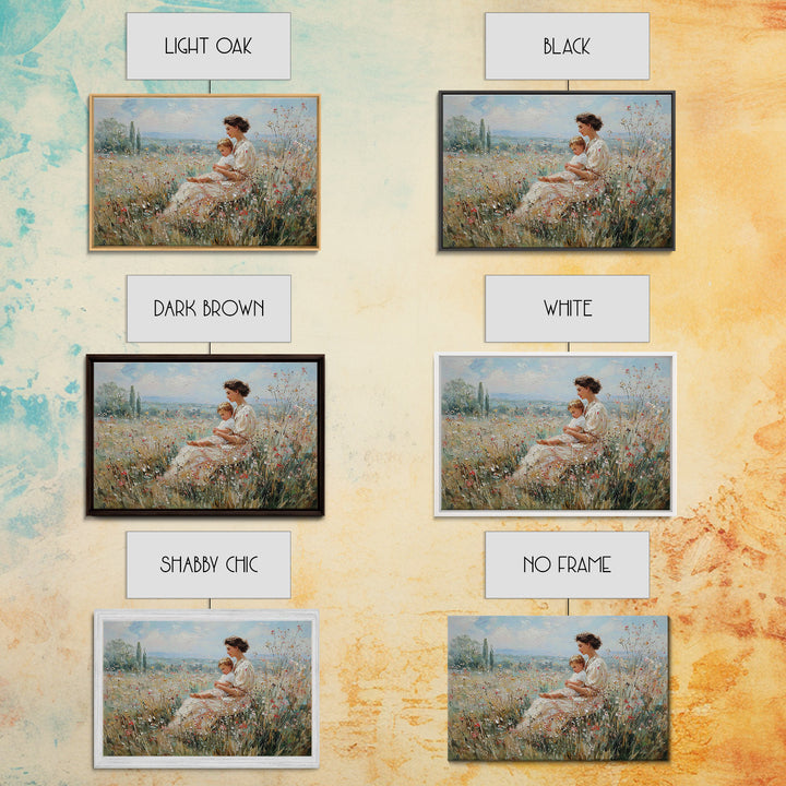 Mother And Child In Wildflower Meadow Canvas Print, Impressionist Landscape Art, Soft Nursery Decor, Gift For Mom, Fine Art