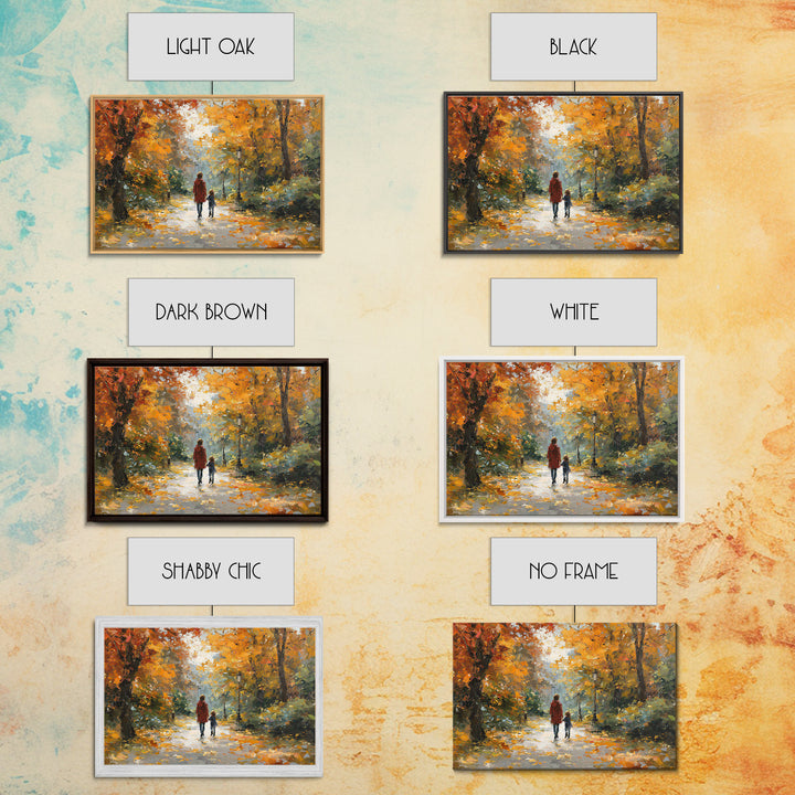 Mother And Child In Golden Autumn Park Framed Canvas Print, Impressionist Fall Landscape Wall Art, Cozy Living Room Decor