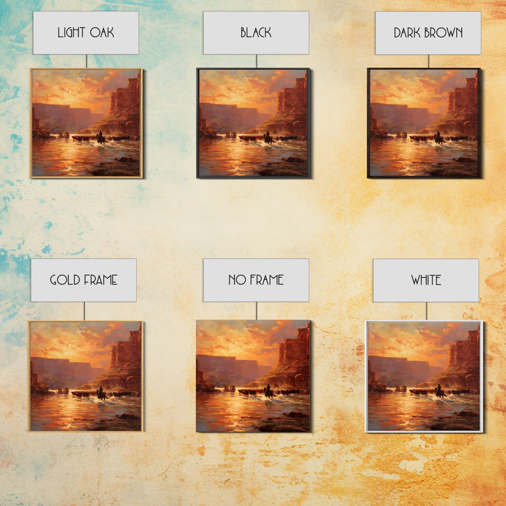 Cowboy Cattle Drive Sunset River Western Landscape Wall Art Canvas Print Rustic Home Decor Living Room Western Wall Art