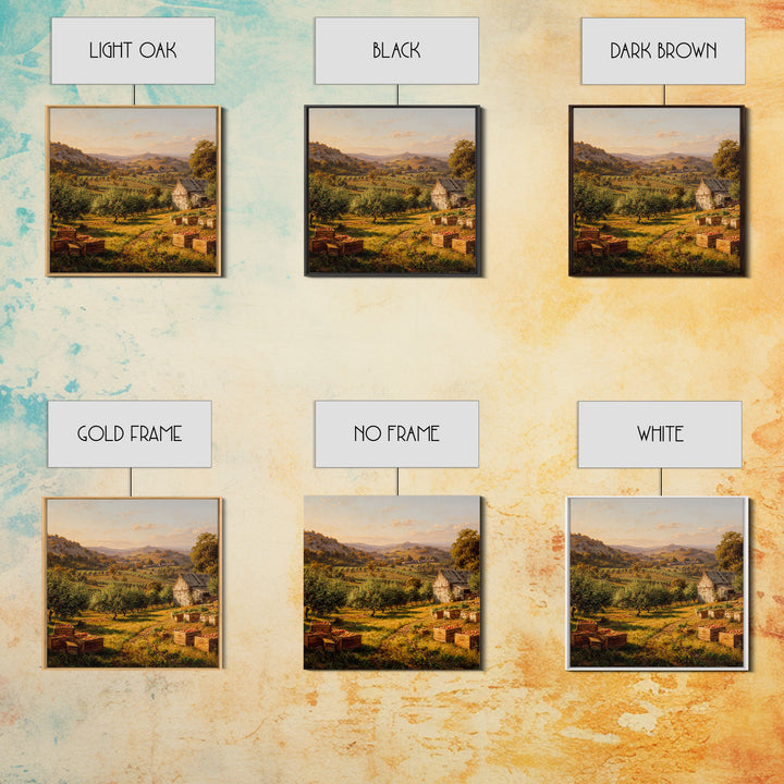 Golden Orchard Valley Landscape Painting Wall Art, Rustic Farm Harvest Print, Country Kitchen And Dining Room Decor