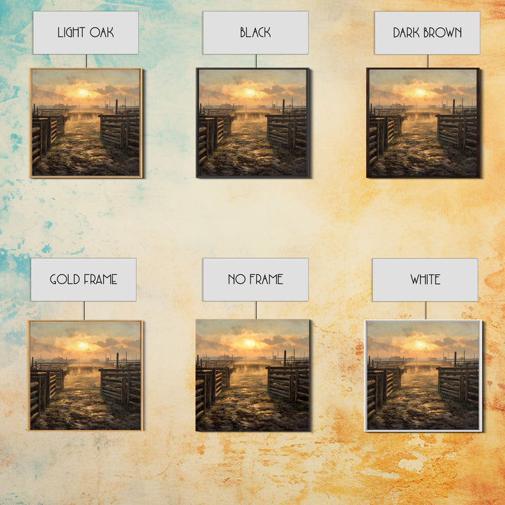 Rustic Cattle Pens Sunrise Oil Painting Wall Art, Western Farmhouse Landscape Print For Country Kitchen Or Living Room Decor
