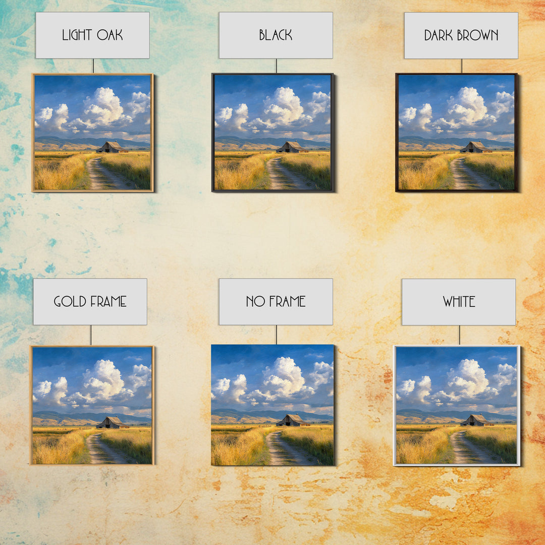 Golden Field Barn Country Landscape Wall Art, Blue Sky Farmhouse Canvas Print, Rustic Country Home Decor For Kitchen Or Living Room