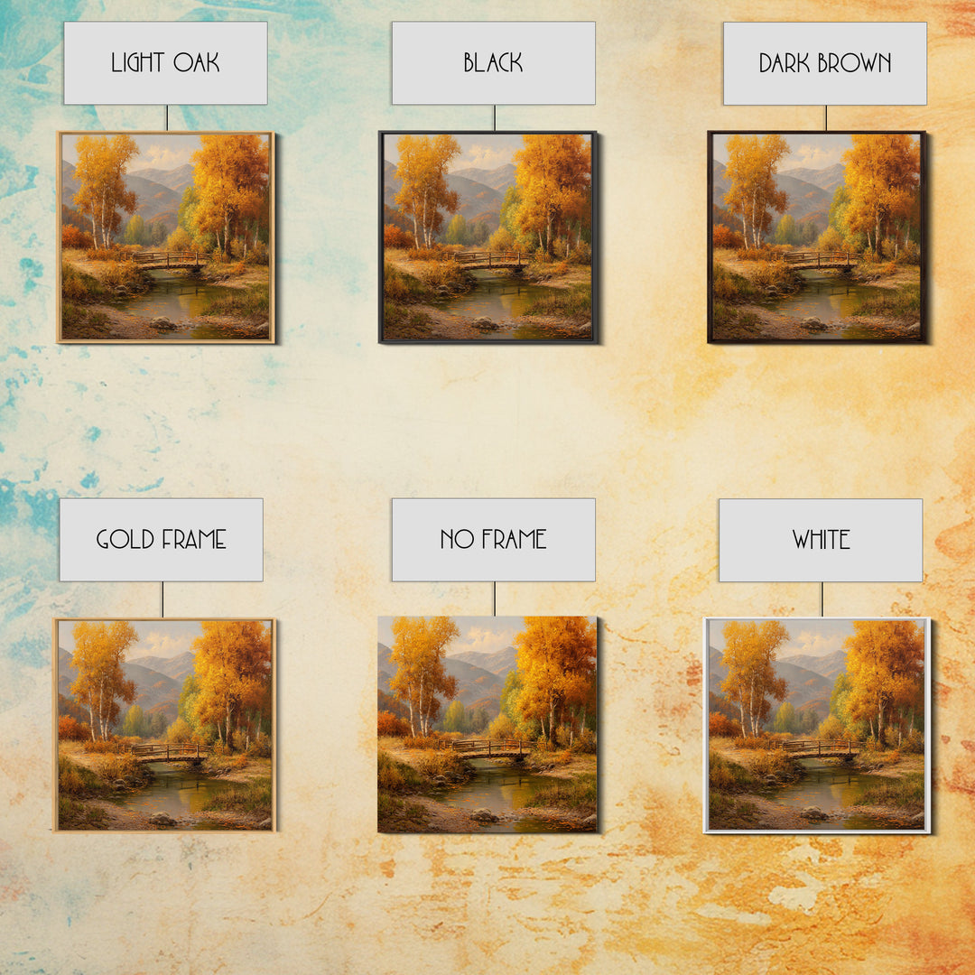 Autumn Forest Bridge Landscape Wall Art, Rustic Country Stream Canvas Print, Cozy Fall Home Decor, Living Room Wall Art