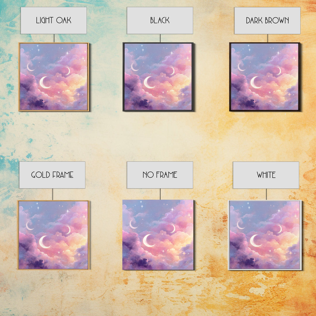 Pastel Crescent Moons In Dreamy Clouds Canvas Print, Celestial Wall Art, Whimsical Nursery Decor, Girls Room Decor, Space Art