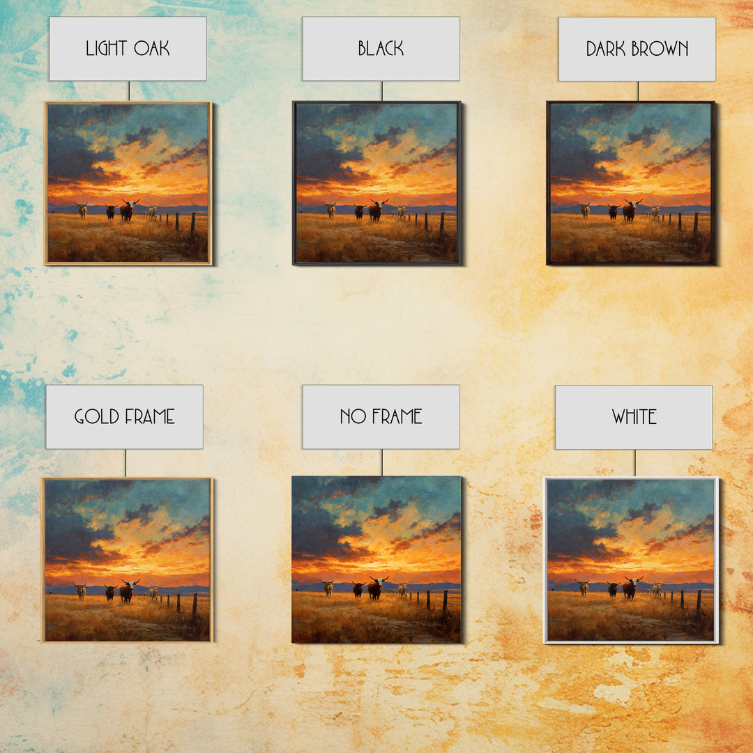 Longhorn Cattle At Sunset Western Landscape Wall Art, Rustic Ranch Canvas Print, Modern Cowboy Home Decor