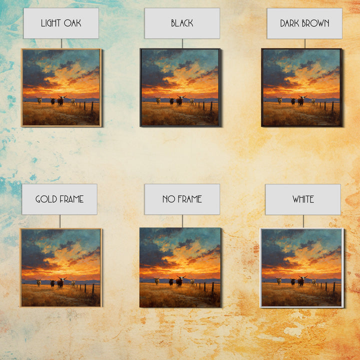 Longhorn Cattle At Sunset Western Landscape Wall Art, Rustic Ranch Canvas Print, Modern Cowboy Home Decor