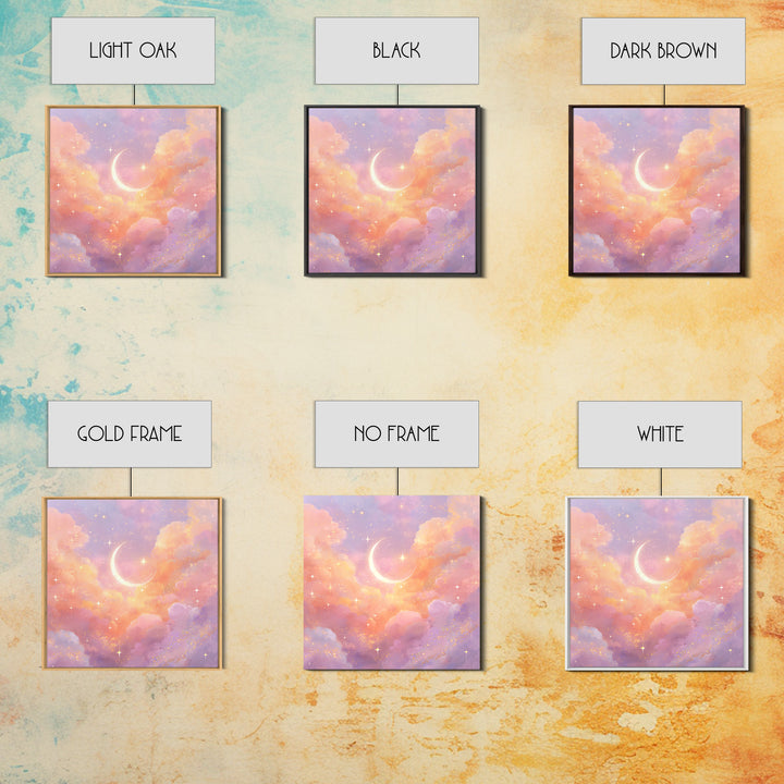 Glowing Crescent Moon Clouds Wall Art, Pastel Celestial Nursery Decor, Pink Bedroom Art, Dreamy Space Print, Girls Room Decor
