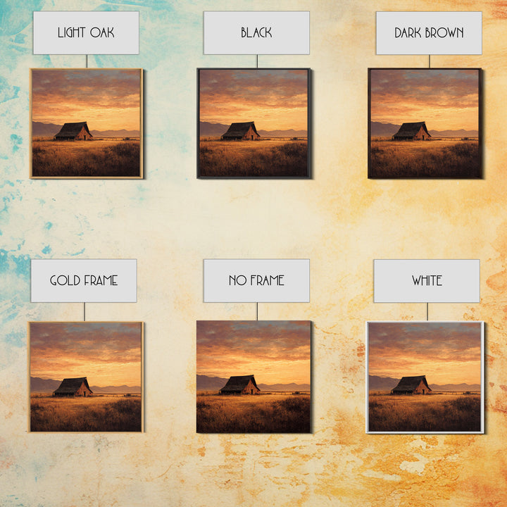 Rustic Barn At Sunset Landscape Wall Art, Country Farmhouse Painting, Warm Autumn Field Scene Large Framed Canvas Print