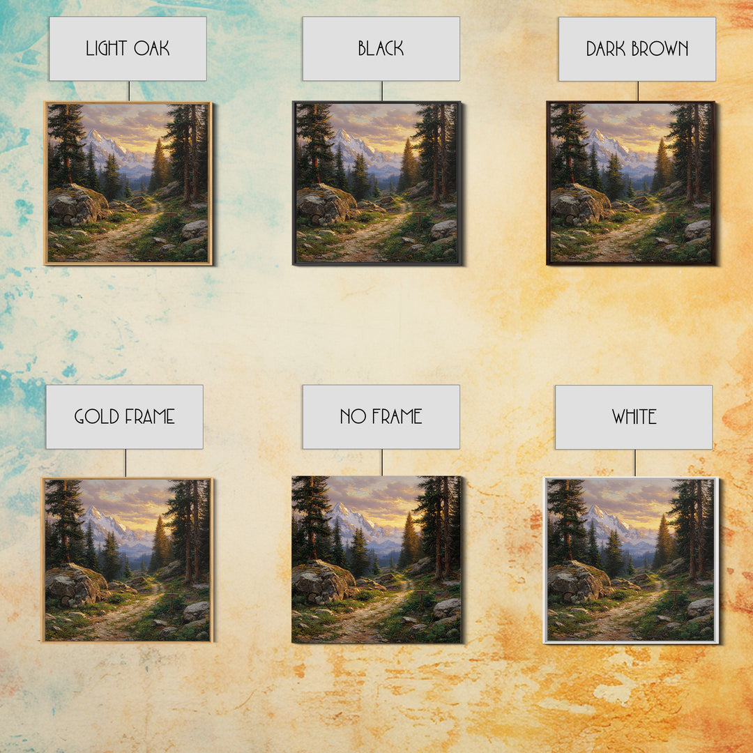Mountain Forest Path At Sunset Wall Art, Tranquil Landscape Canvas Print For Rustic Cabin Or Living Room Home Decor